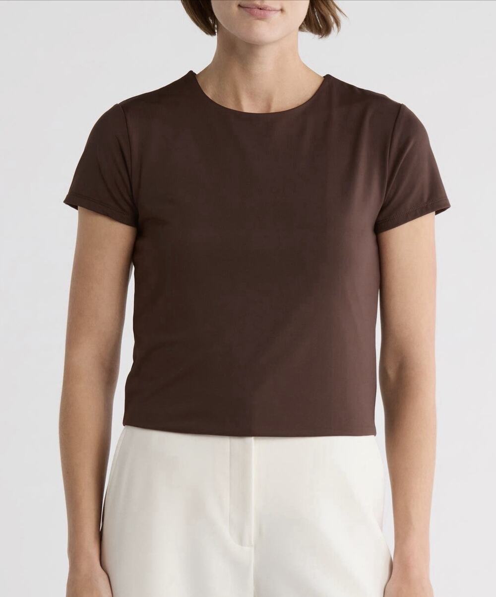 Muse Short Sleeve Crew Neck Dark Brown Stretch Crop T Shirt - Large, NWOT